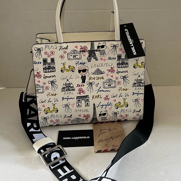 Karl Lagerfeld White Graphic Print Handbag with Logo Strap - Picture 9 of 16